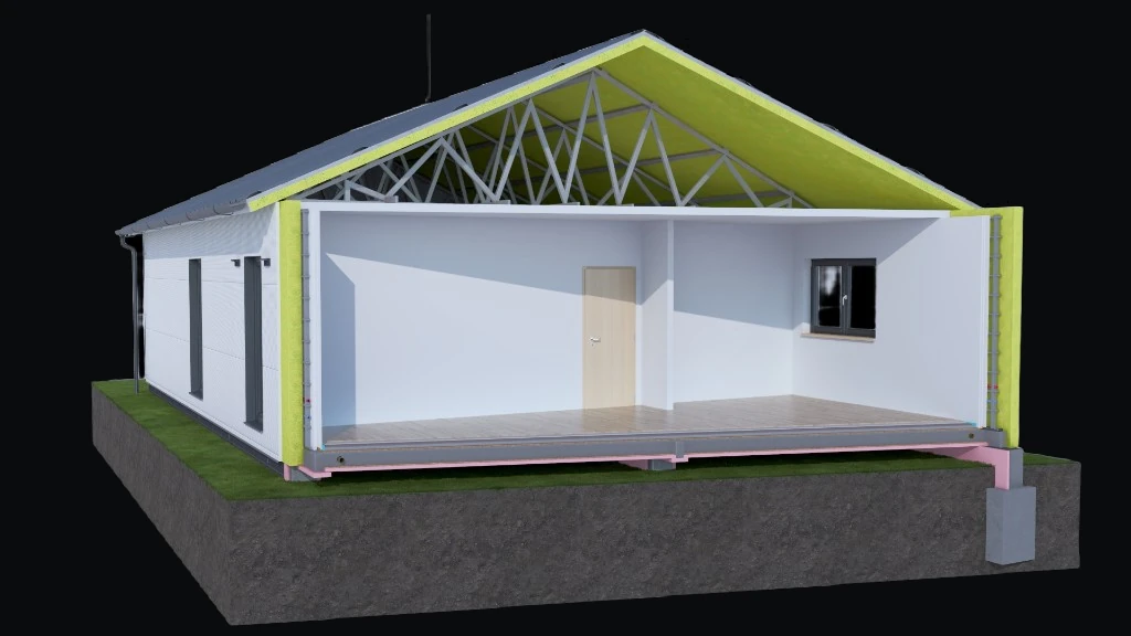 Řez domem NEO HOUSES — konstrukce, izolace, základy a střecha